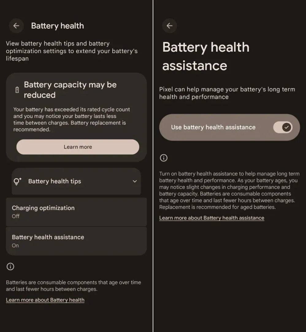 Ảnh chụp màn hình hiển thị tính năng 'Hỗ trợ sức khỏe pin' (Battery health assistance) trong cài đặt trên Google Pixel 7 Pro