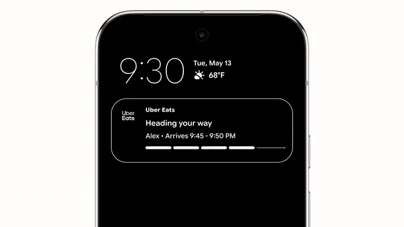 Ảnh động minh họa tính năng Cập nhật trực tiếp (Live Updates) trên Android 16 hiển thị trạng thái chuyến xe trong thông báo.