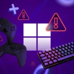 Biểu tượng Windows với các dấu cảnh báo xung quanh, thể hiện những vấn đề của hệ điều hành này với trải nghiệm chơi game trên PC, cùng tay cầm và bàn phím.