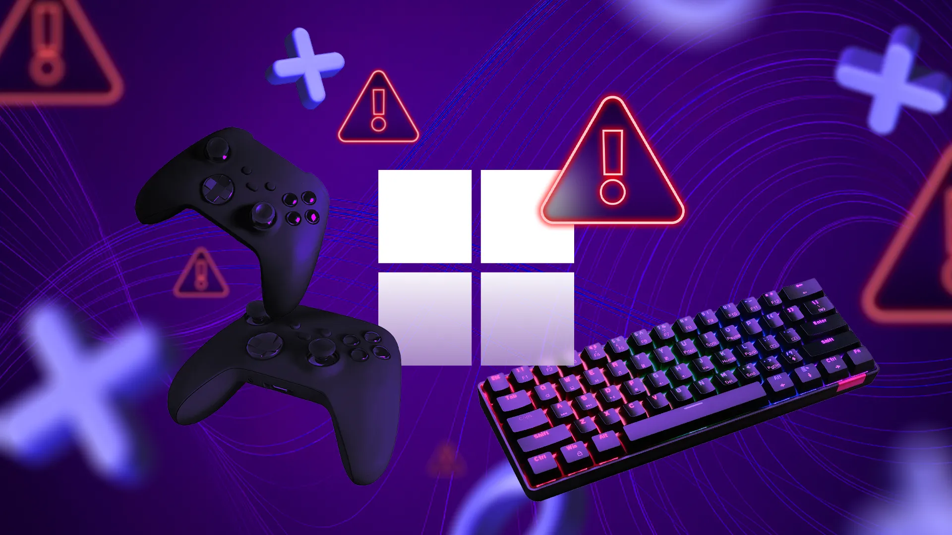 Biểu tượng Windows với các dấu cảnh báo xung quanh, thể hiện những vấn đề của hệ điều hành này với trải nghiệm chơi game trên PC, cùng tay cầm và bàn phím.