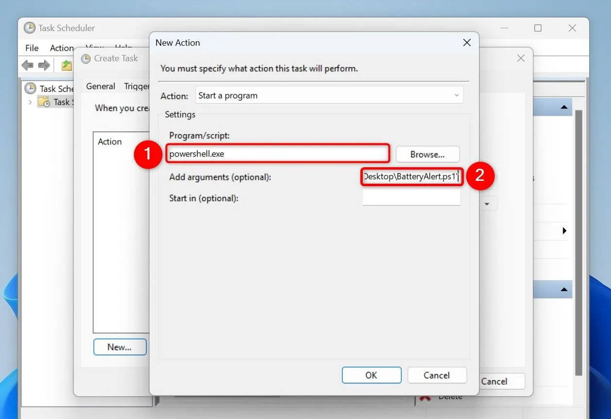 Cấu hình hành động chạy script PowerShell trong cài đặt tác vụ Task Scheduler