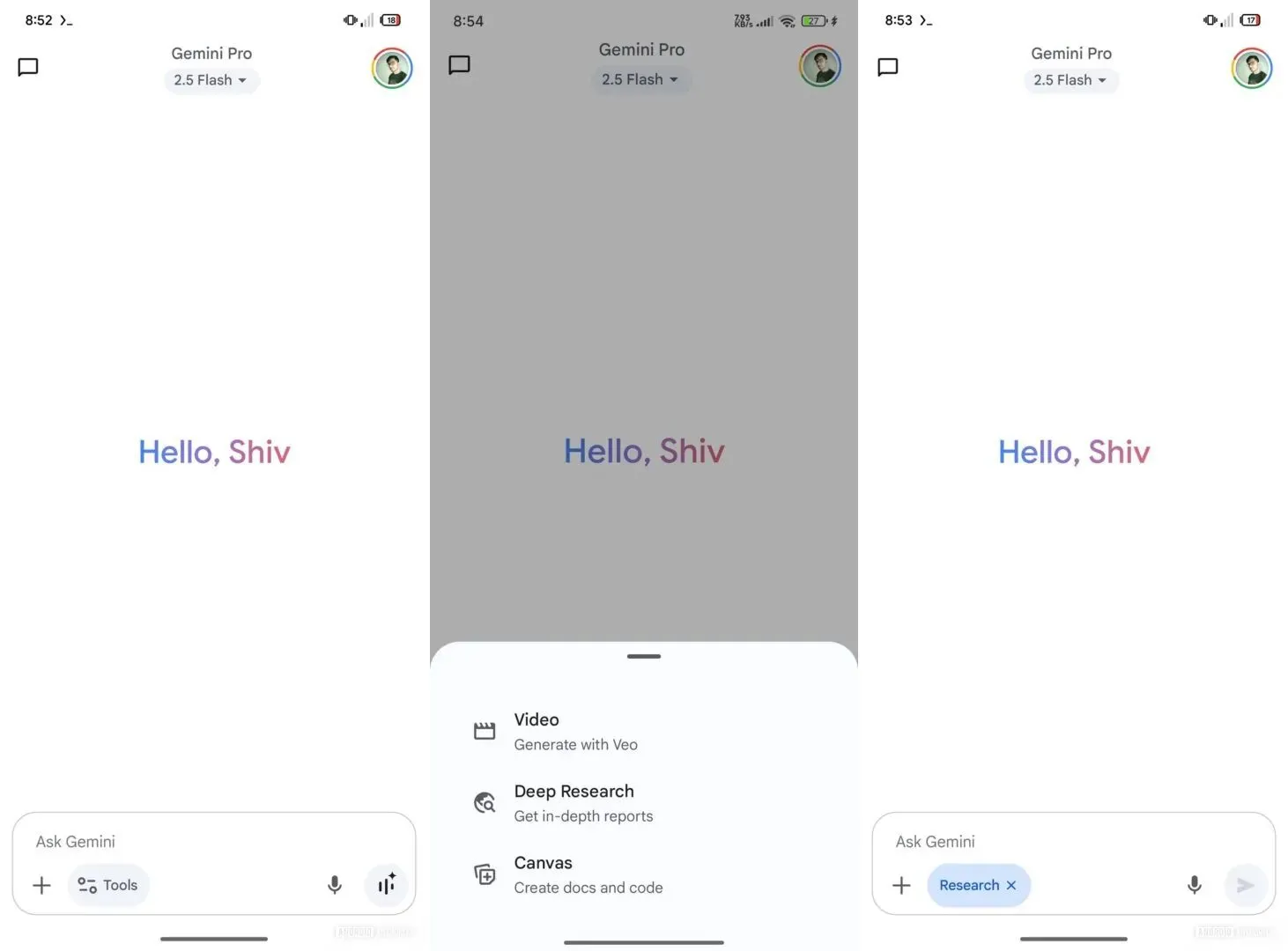 Chip 'Nghiên cứu chuyên sâu' hiển thị trong hộp soạn thảo Gemini Android sau khi chọn công cụ