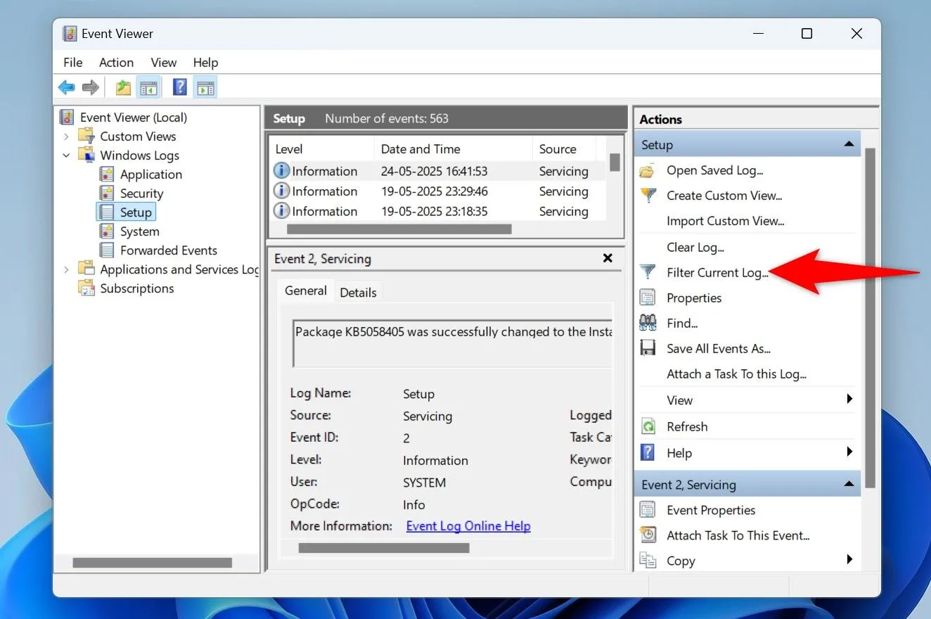 Chọn bộ lọc log hiện tại trong Event Viewer để xem lịch sử khởi động lại Windows 11