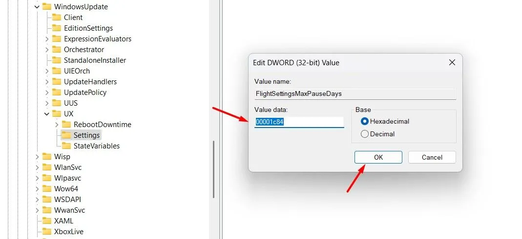 Cửa sổ chỉnh sửa giá trị DWORD FlightSettingsMaxPauseDays trong Registry Editor Windows 11