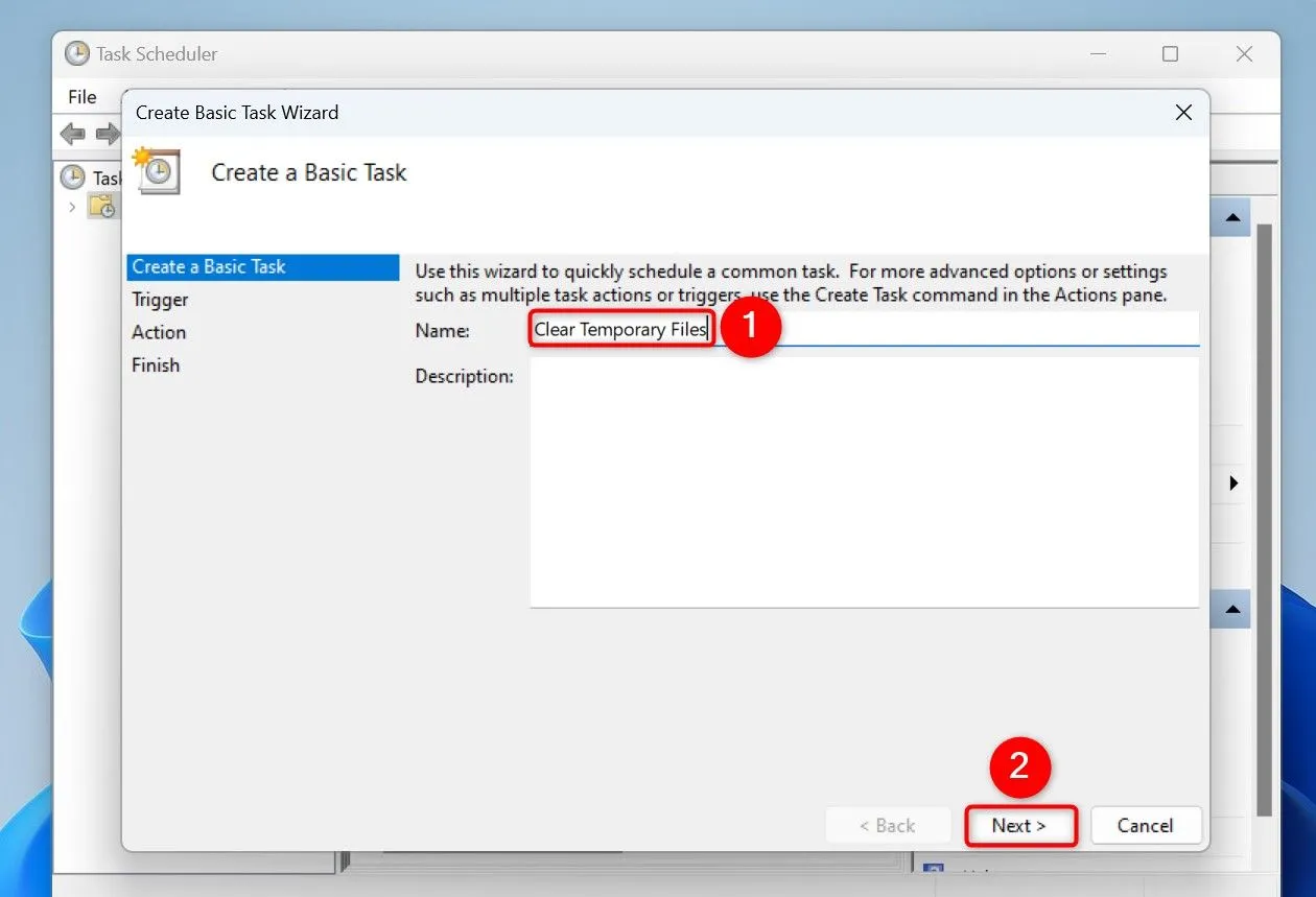Cửa sổ Create Basic Task Wizard trong Task Scheduler, bước đặt tên tác vụ là &quot;Clear Temporary Files&quot;.