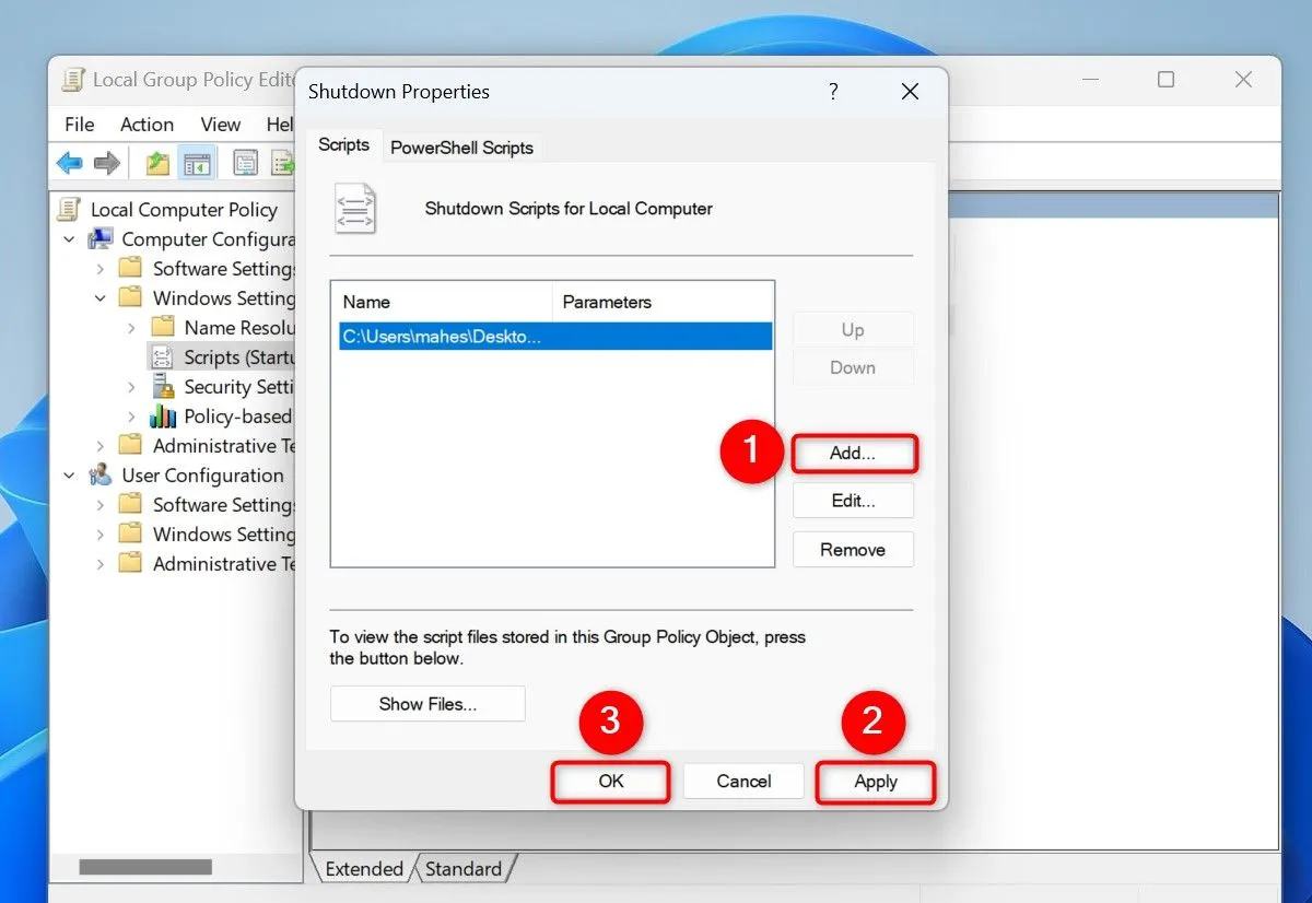 Cửa sổ Shutdown Properties trong Local Group Policy Editor để thêm script chạy khi tắt máy.
