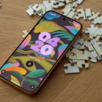 Điện thoại Google Pixel 9 Pro hiển thị màn hình khóa, đặt trên các mảnh ghép