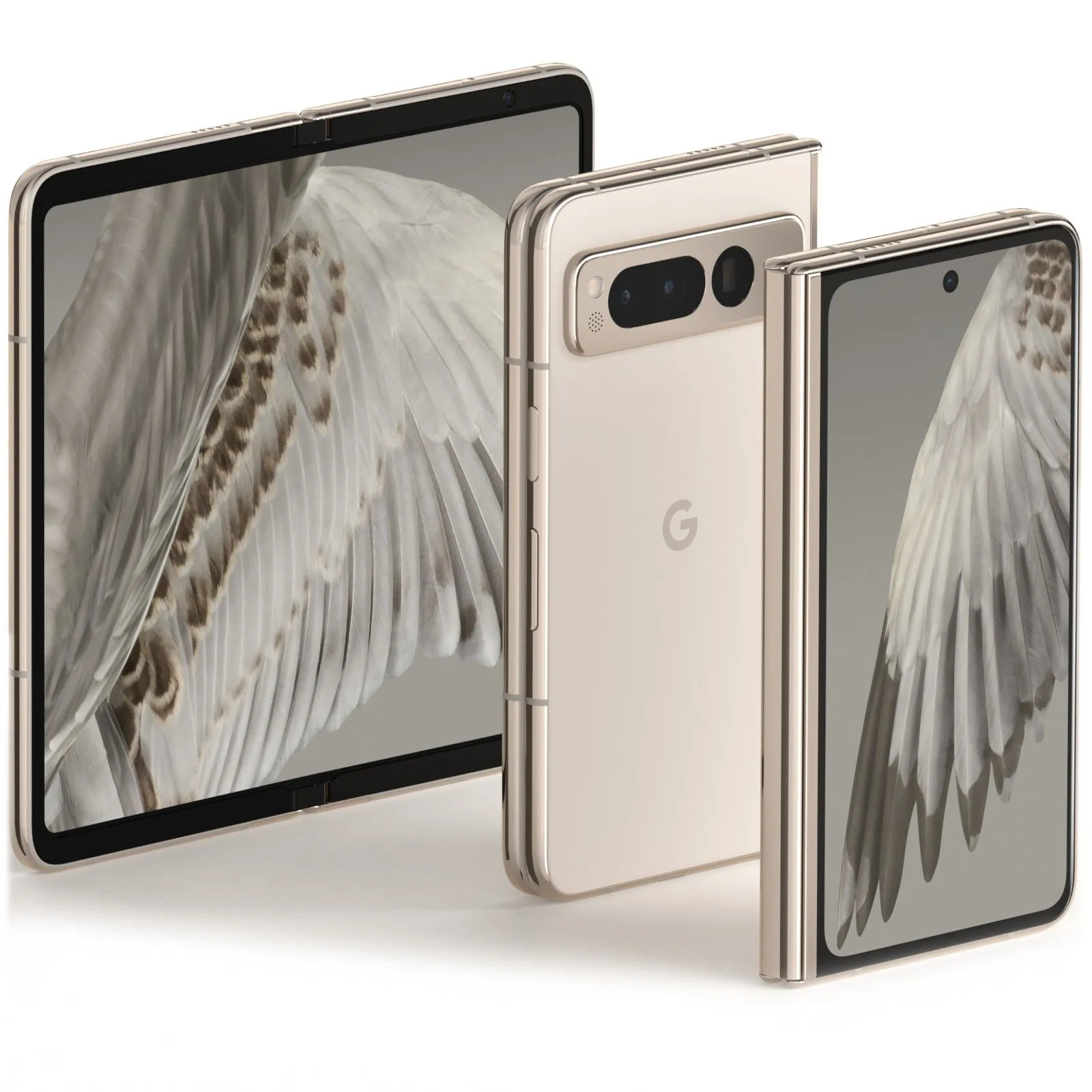 Điện thoại Google Pixel Fold màu sứ (Porcelain) nhìn từ góc, thể hiện thiết kế tổng thể.