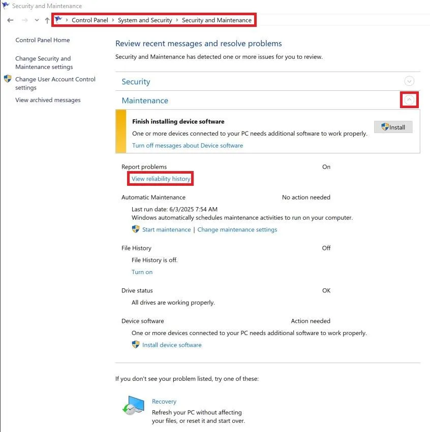 Đường dẫn mở Công cụ theo dõi độ tin cậy Windows qua Control Panel