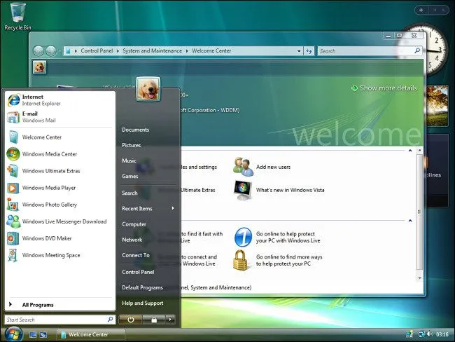 Giao diện Aero trong suốt trên Windows Vista, hiển thị thanh tiêu đề cửa sổ và thanh tác vụ mờ ảo nhìn xuyên qua nền.