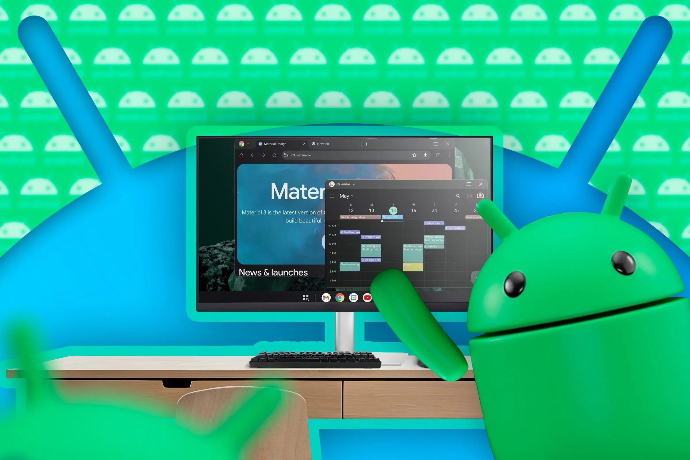 Giao diện chế độ desktop Android 16 hiển thị trên màn hình, cùng linh vật Android