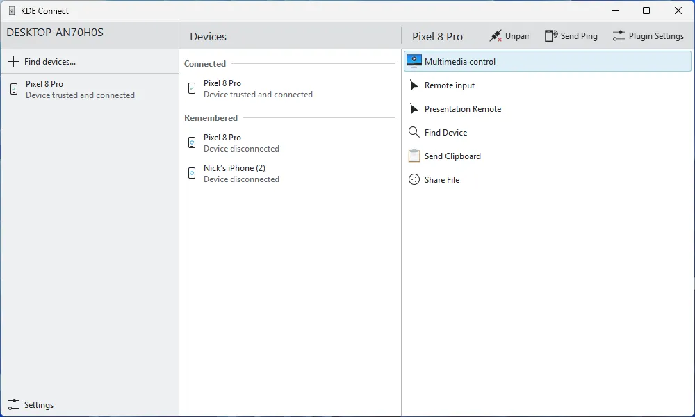 Giao diện chính của ứng dụng KDE Connect