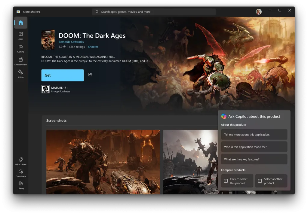 Giao diện Copilot trong Microsoft Store hỏi về một ứng dụng hoặc game