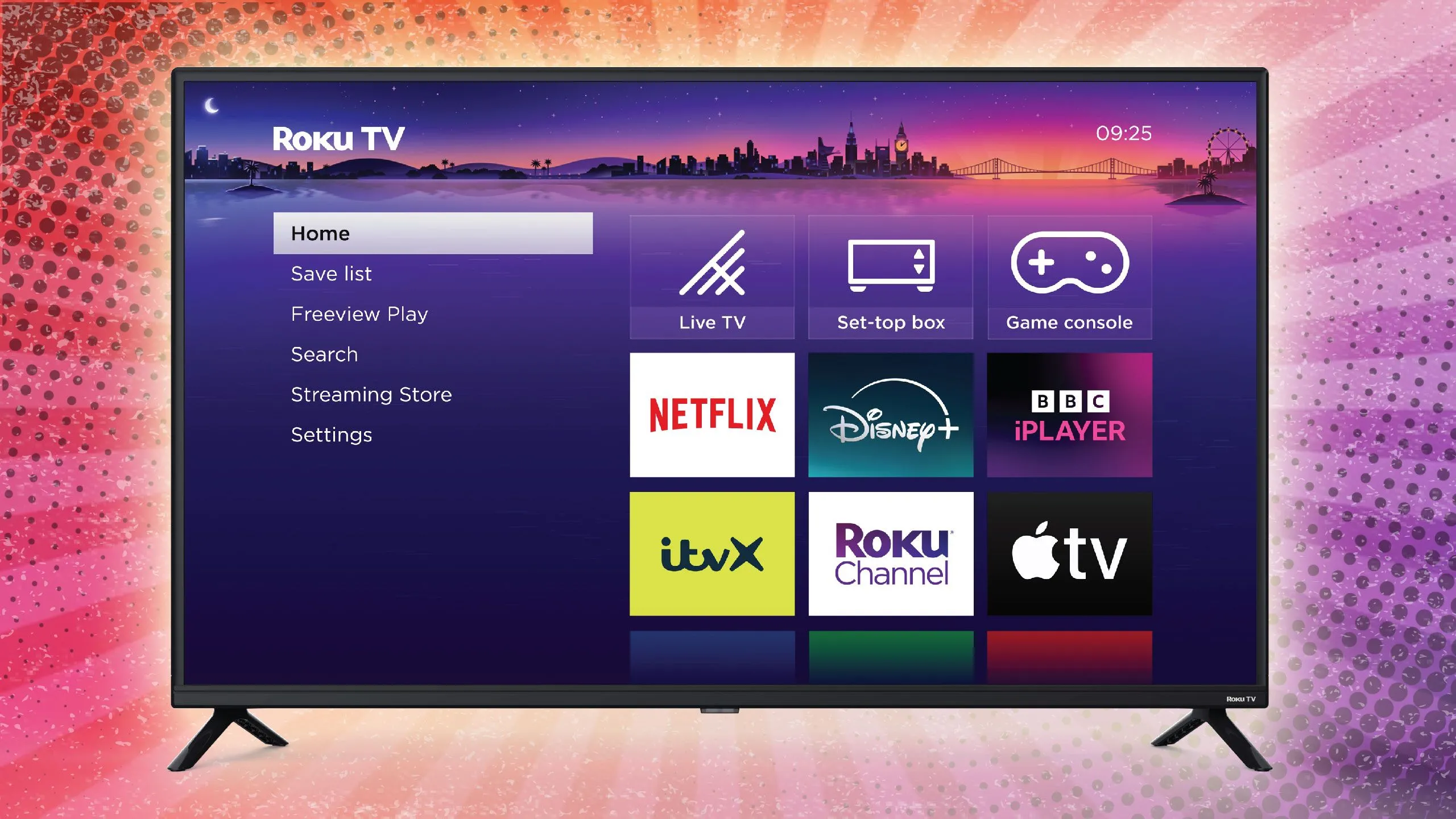 Giao diện hiển thị các ứng dụng xem phim và show truyền hình trên thiết bị stream Roku