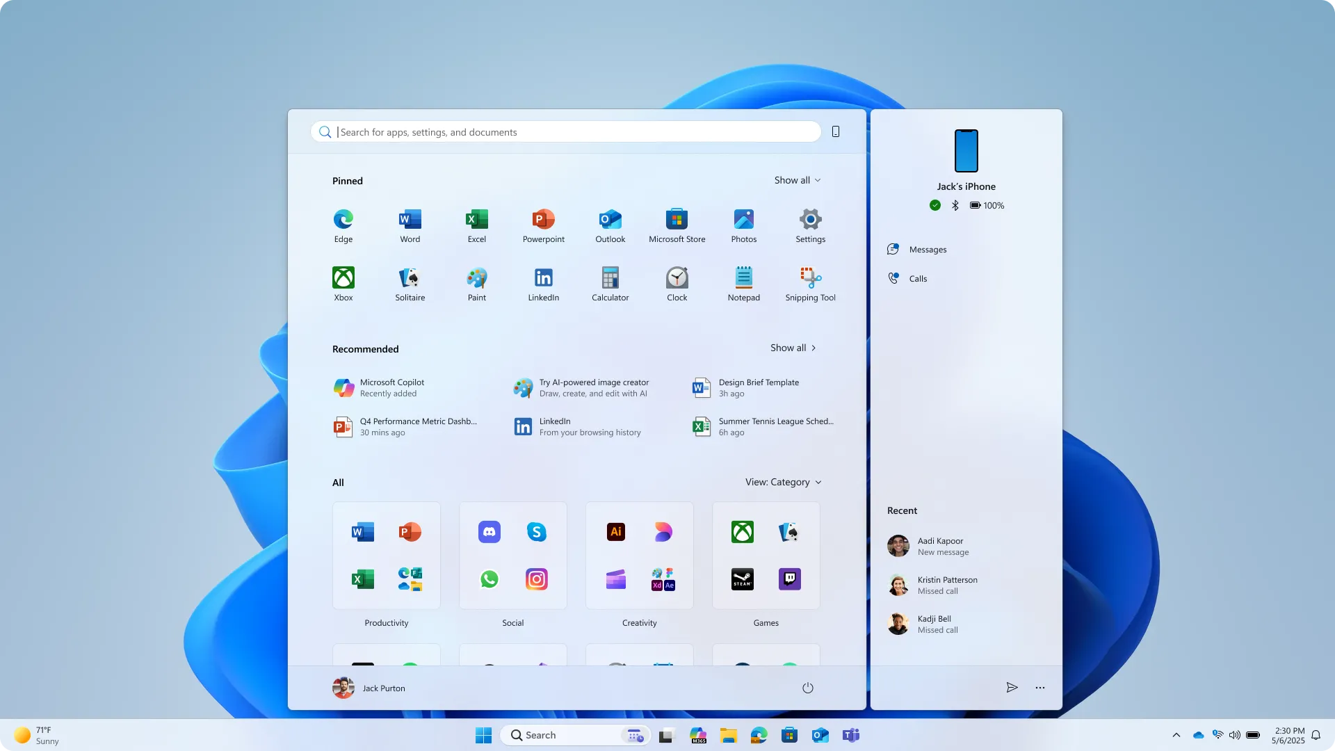 Giao diện Menu Start mới trên Windows 11 hiển thị ứng dụng ghim, đề xuất và danh mục