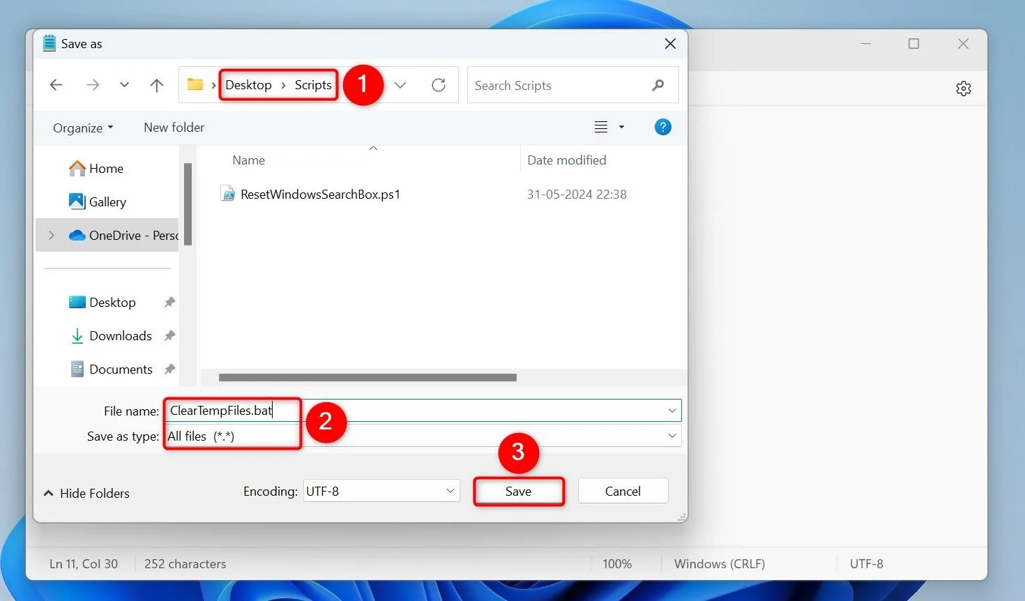 Giao diện Notepad hiển thị code script và cửa sổ Save As đang lưu file ClearTempFiles.bat với tùy chọn "All Files".
