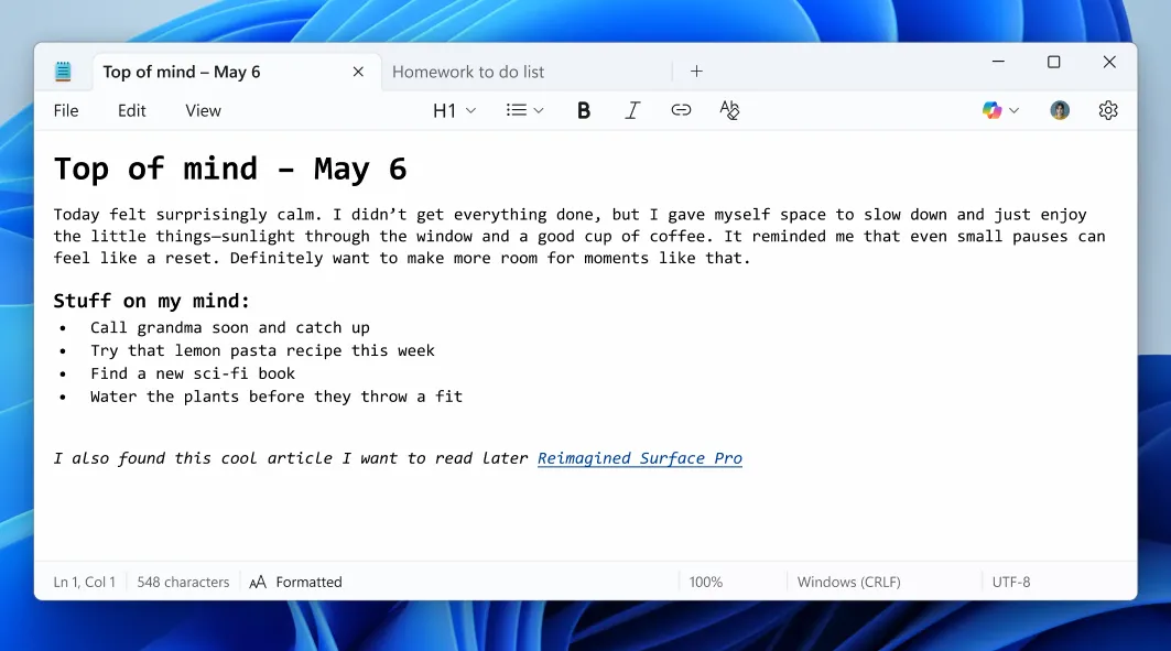 Giao diện Notepad Windows 11 với hỗ trợ Markdown và định dạng rich text
