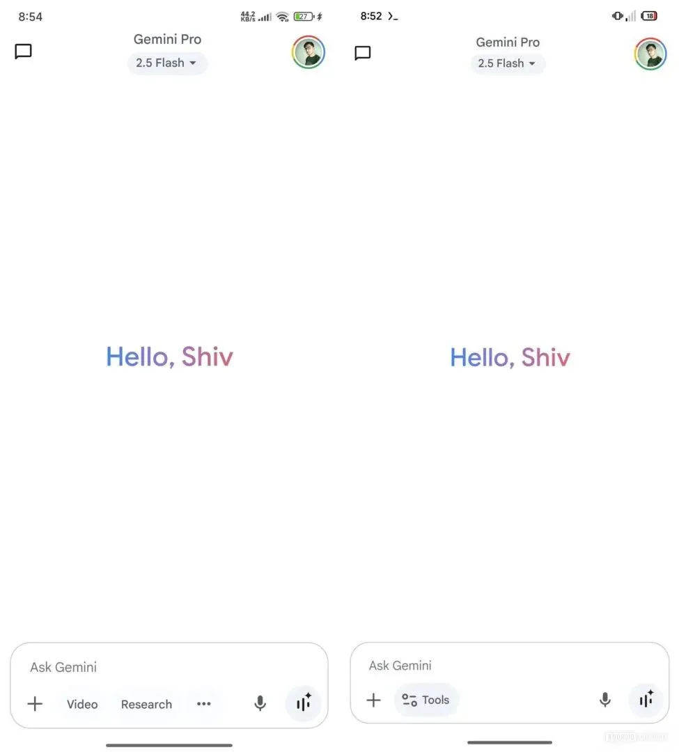 Giao diện thanh công cụ Gemini Android cũ (trái) và mới (phải) với nút 'Công cụ' được nhóm lại