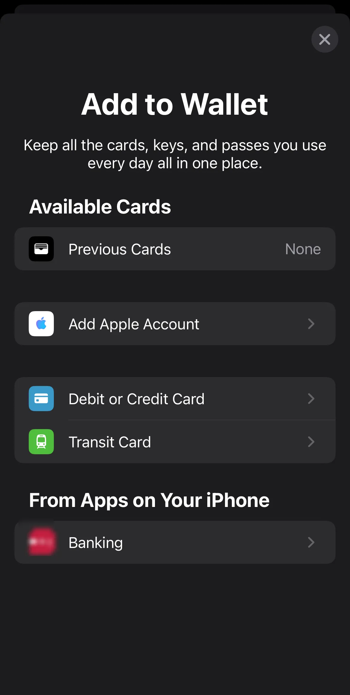 Giao diện thêm thẻ và mục mới trong ứng dụng Apple Wallet trên iPhone