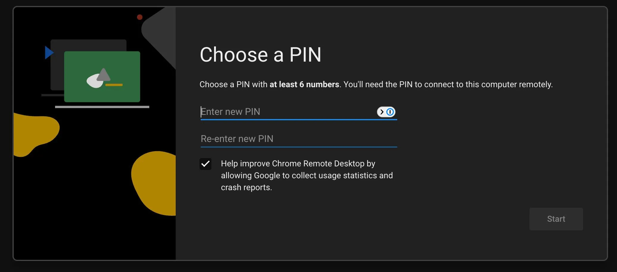 Giao diện thiết lập mã PIN cho máy tính trong Chrome Remote Desktop