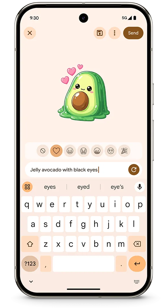 Giao diện tính năng Pixel Studio trên Gboard của điện thoại Pixel, cho phép tạo nhãn dán AI từ mô tả văn bản.