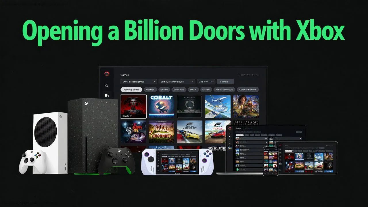 Hình ảnh hiển thị nhiều thiết bị có thể chơi hoặc stream game Xbox.