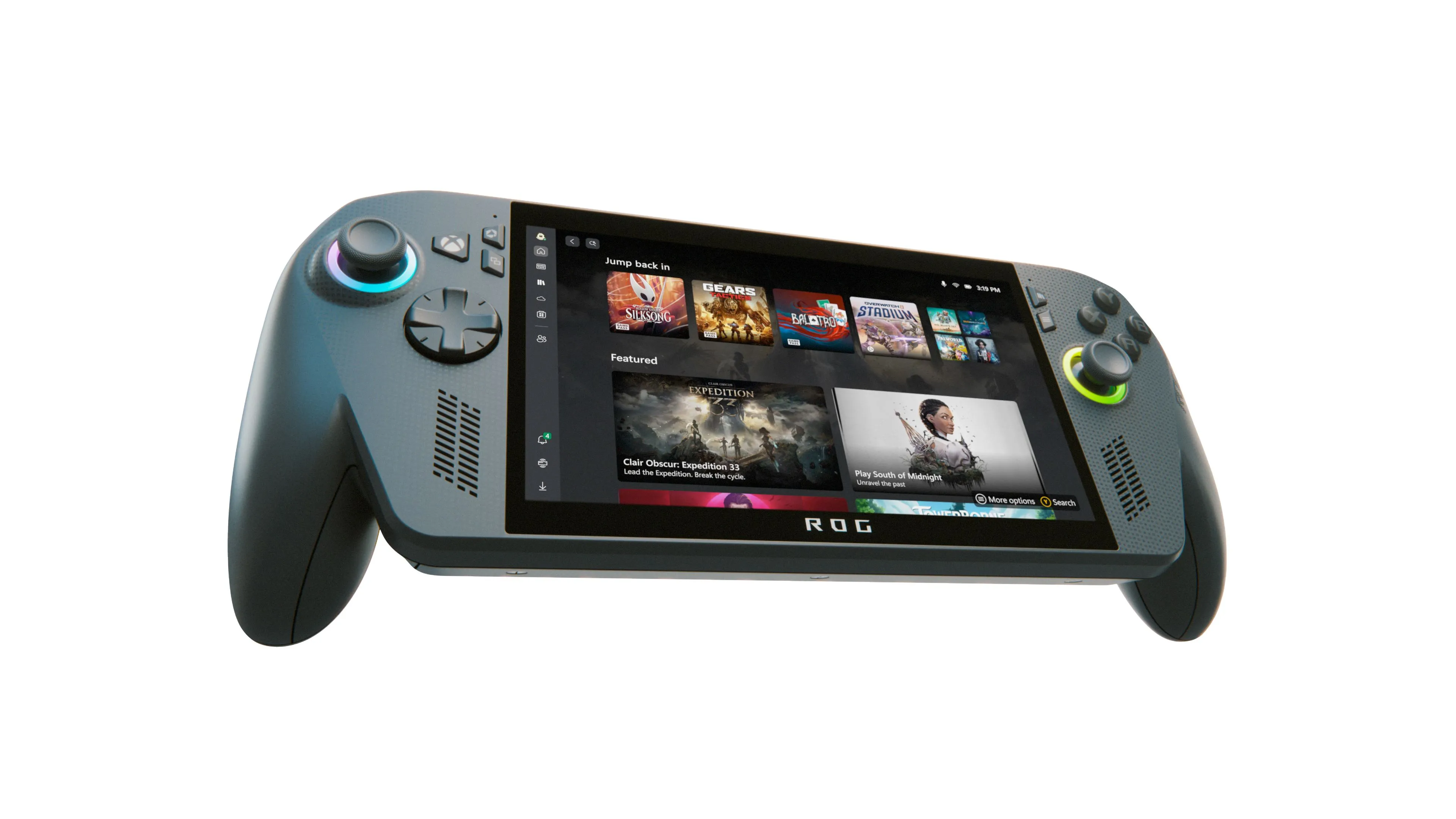 Hình ảnh máy chơi game cầm tay ASUS ROG Ally hiển thị giao diện Xbox mới được tối ưu cho handheld.