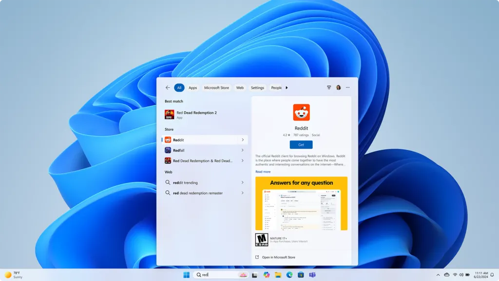 Kết quả tìm kiếm ứng dụng từ Microsoft Store hiển thị trong Start menu Windows 11
