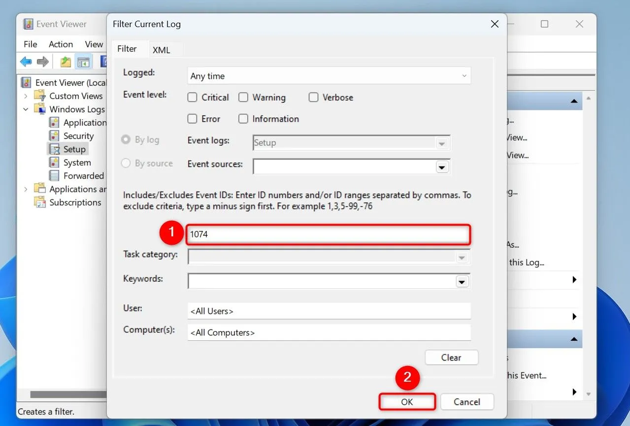 Lọc các sự kiện khởi động lại máy tính bằng Event ID 1074 trong Event Viewer