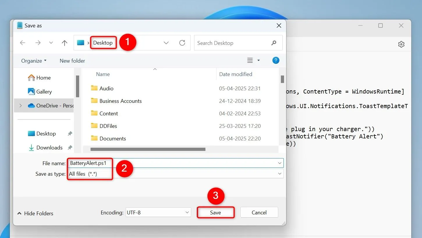 Lưu script PowerShell cảnh báo pin yếu dưới định dạng .ps1 trong Notepad