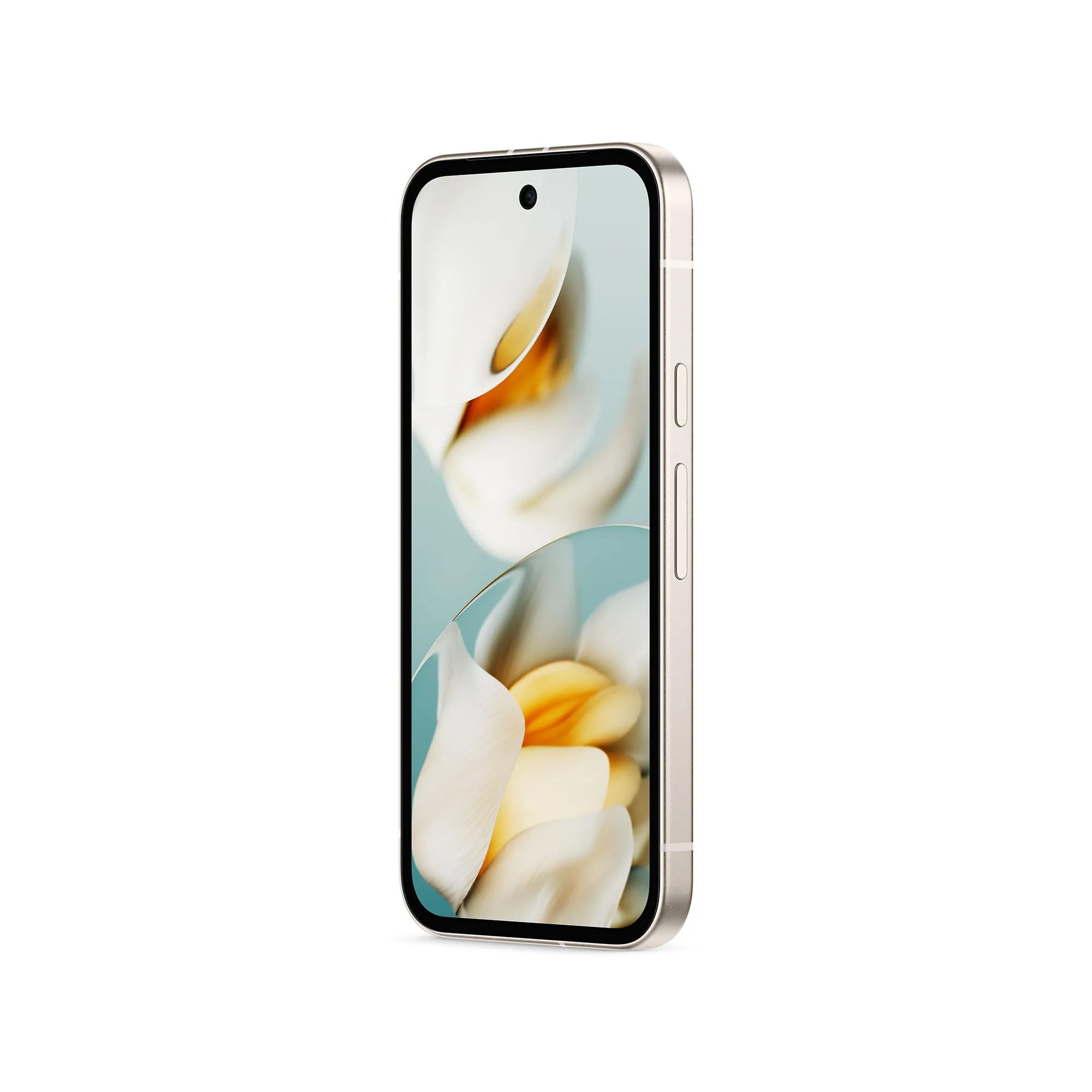 Mặt trước của điện thoại Pixel 9a màu trắng ngọc trai, thể hiện thiết kế tổng thể của thiết bị.