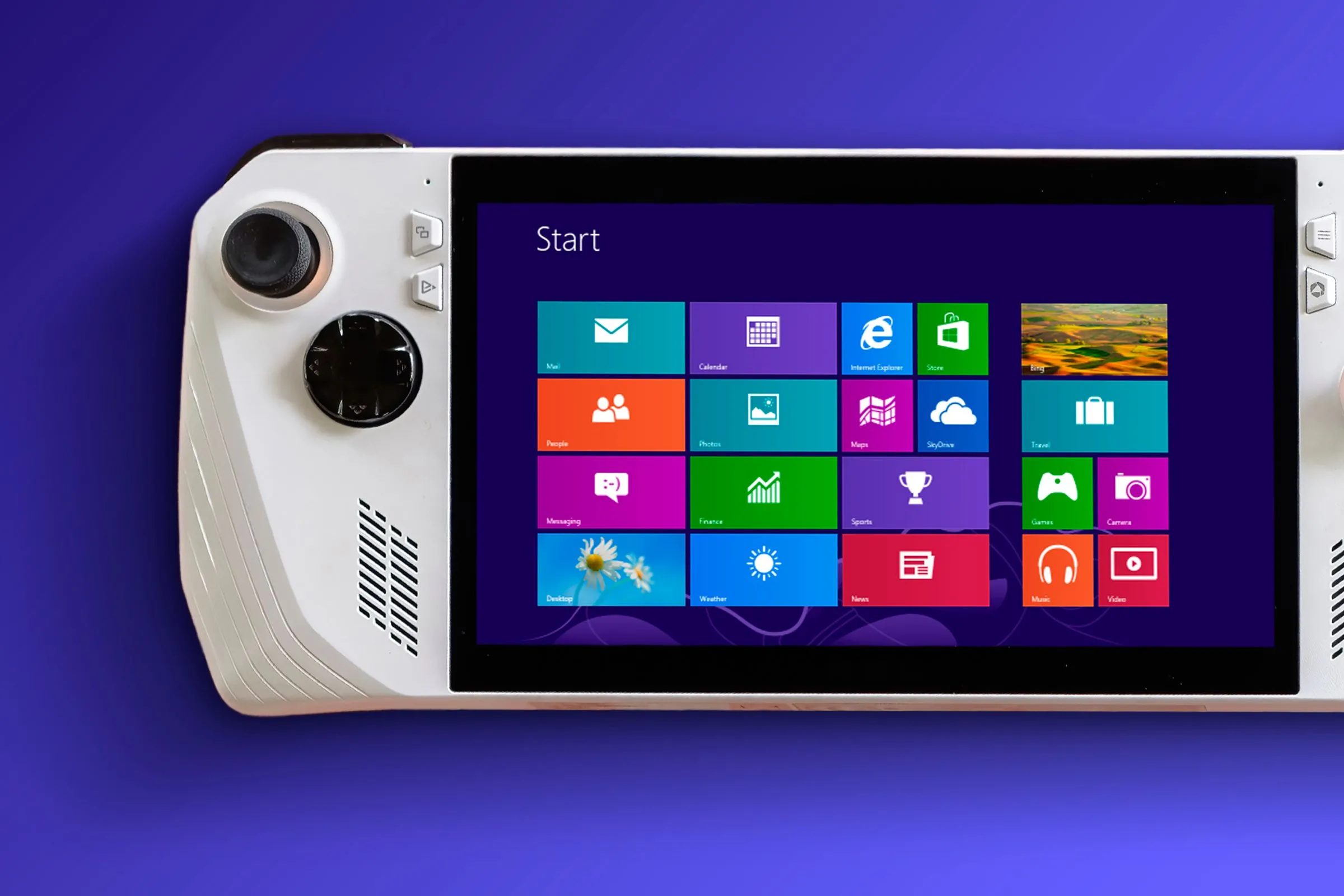 Máy chơi game cầm tay ASUS ROG Ally hiển thị giao diện Windows 8 (Metro UI), minh họa trải nghiệm trước đây.