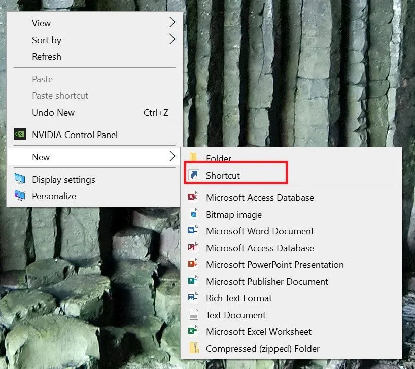 Menu chuột phải trên Desktop Windows để tạo shortcut