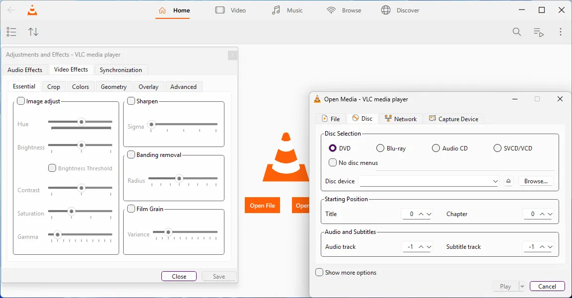 Menu tùy chọn hiệu ứng video và media trong VLC