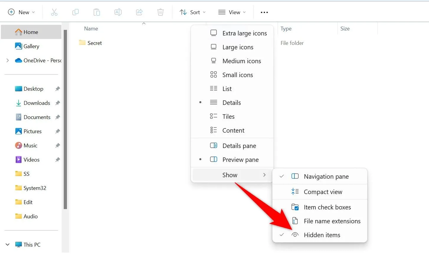 Menu View &gt; Show (Xem &gt; Hiện) trong File Explorer, chọn Hidden Items (Mục ẩn) để tắt hiển thị.
