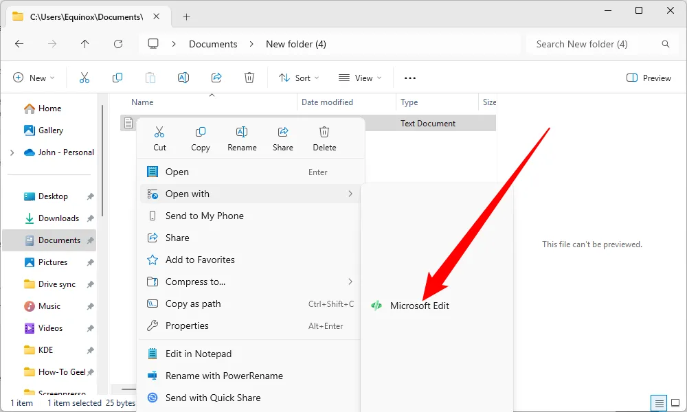 Microsoft Edit hiển thị trong danh sách Open With khi click chuột phải vào một tệp văn bản, cho phép mở nhanh bằng trình soạn thảo này.