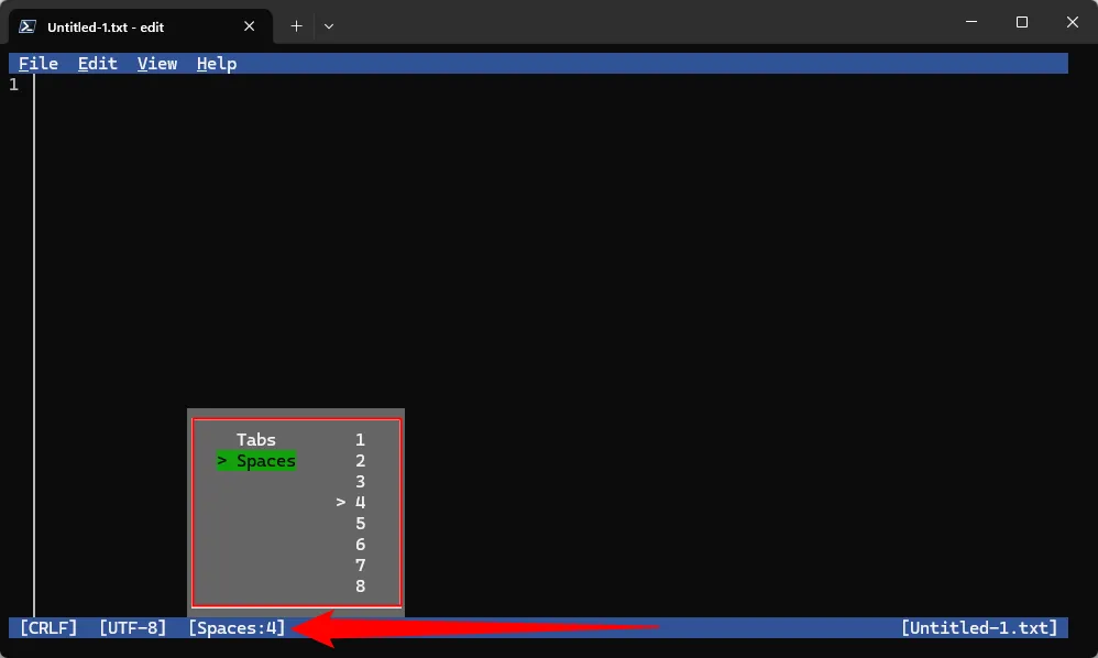 Microsoft Edit tùy chọn cài đặt giữa sử dụng Spaces hoặc Tab, tính năng hữu ích cho lập trình viên và người viết code.