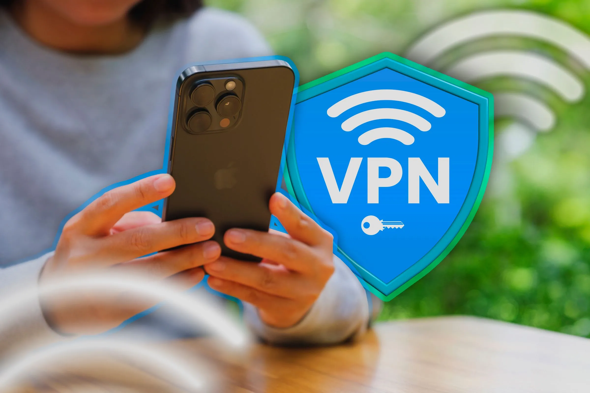 Người dùng iPhone với biểu tượng lá chắn VPN