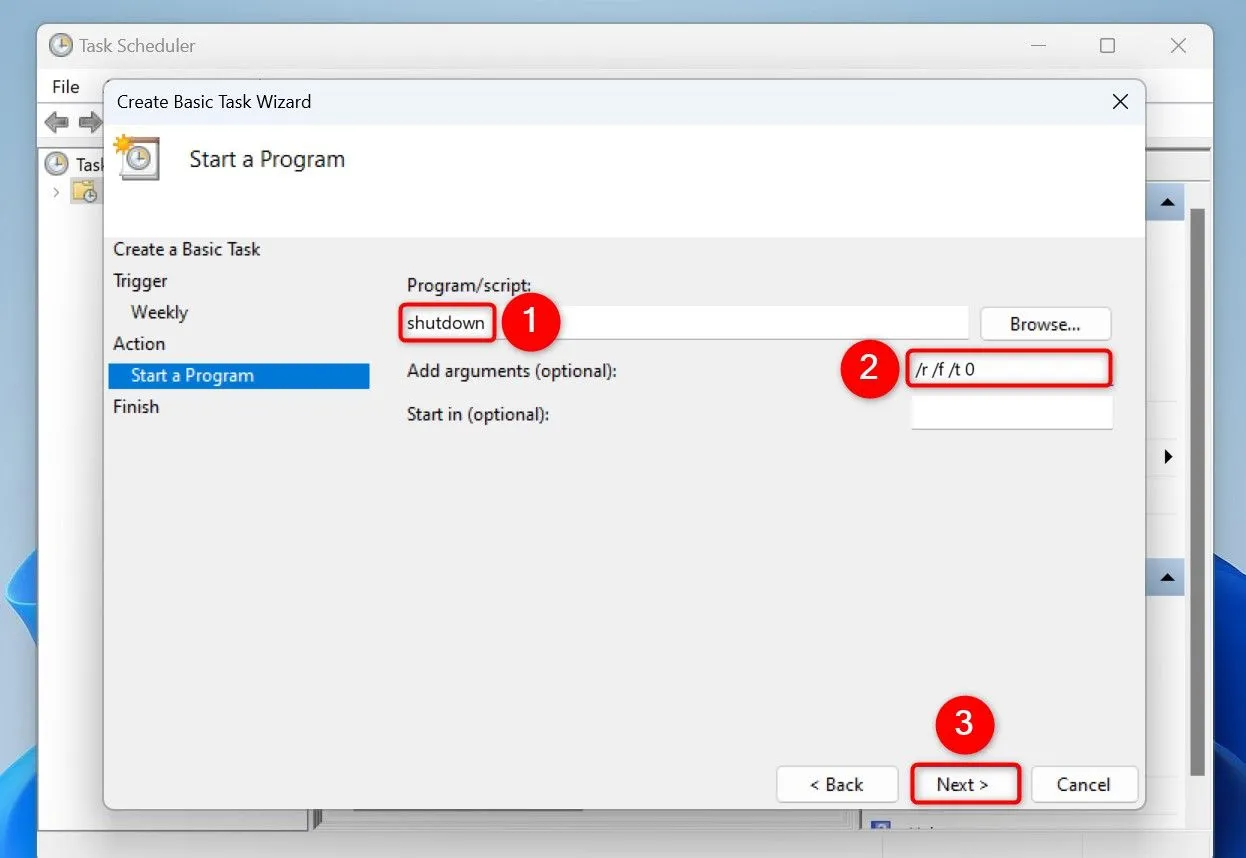 Nhập lệnh 'shutdown /r /f /t 0' để lên lịch khởi động lại bắt buộc trong Task Scheduler