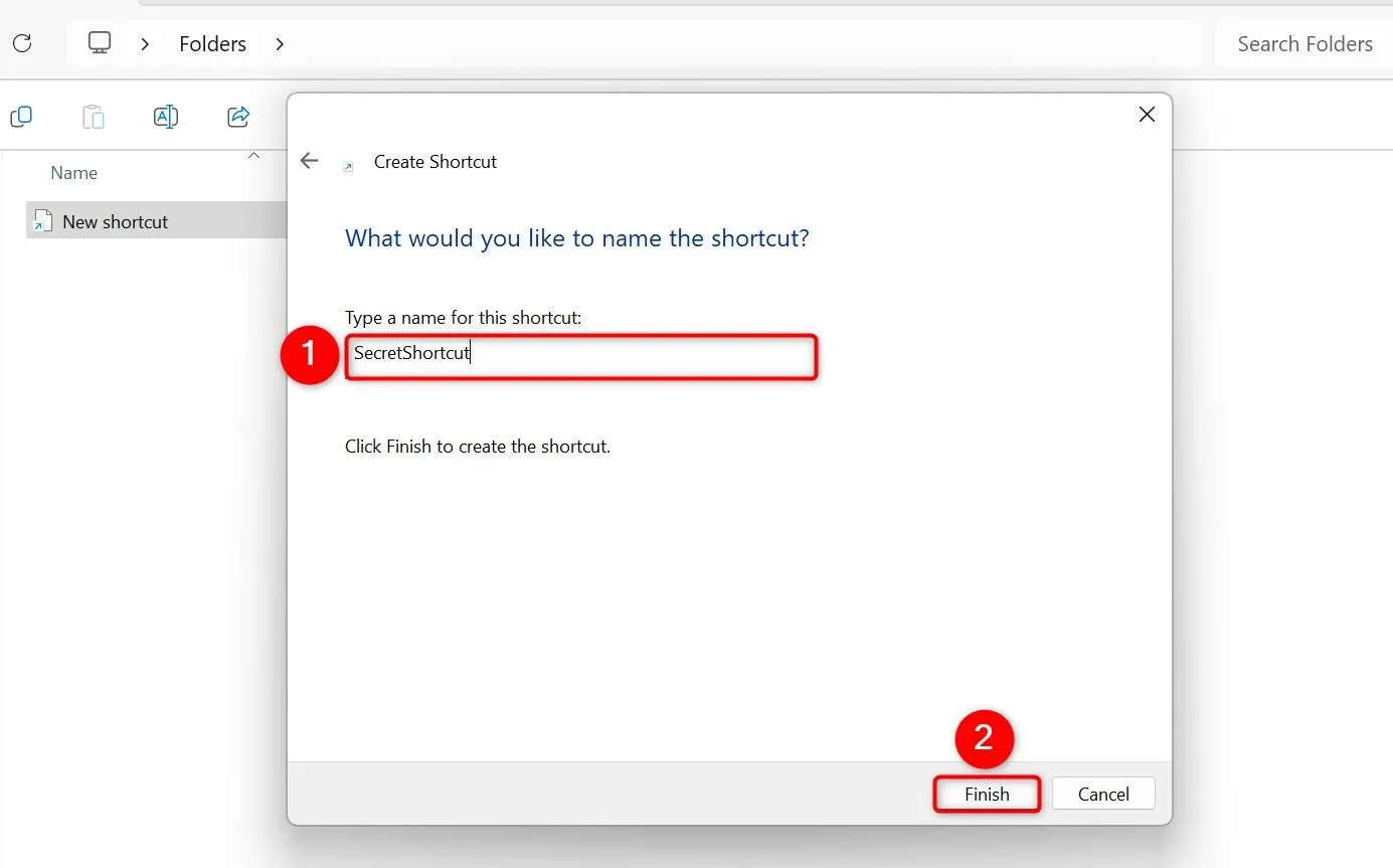 Nhập tên cho lối tắt (shortcut) vừa tạo đến thư mục ẩn trên Windows 11.