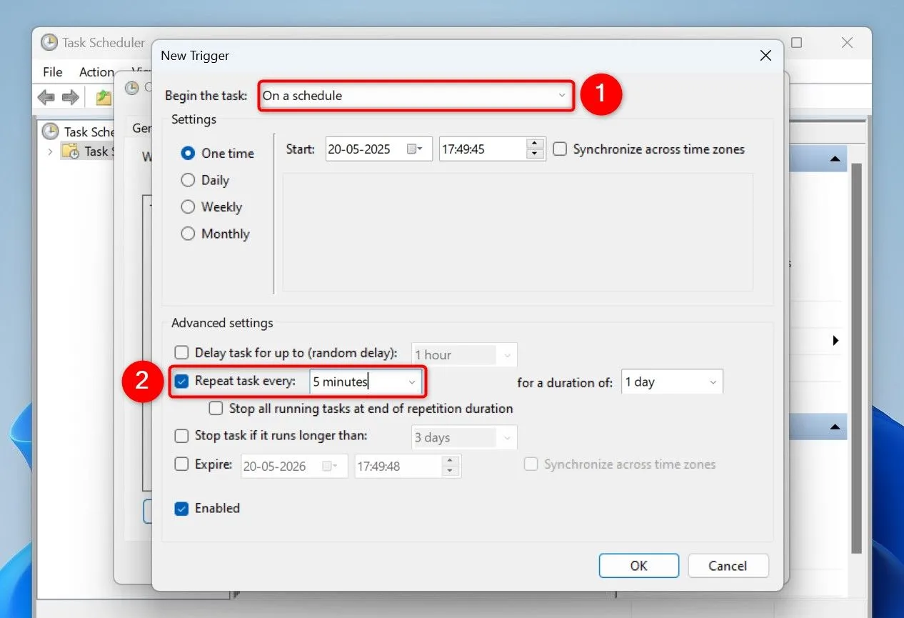 Thiết lập lịch trình lặp lại cho tác vụ kiểm tra pin trong Task Scheduler Windows 11