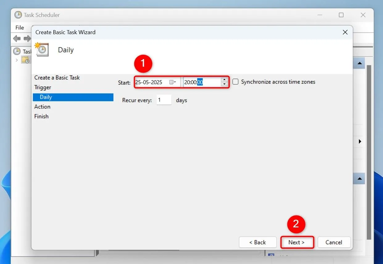 Thiết lập ngày và giờ bắt đầu chạy tác vụ tự động xóa file tạm trong Task Scheduler.
