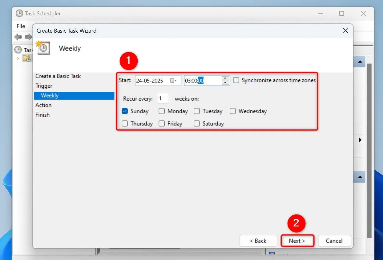 Thiết lập ngày và giờ cụ thể để Task Scheduler tự động khởi động lại máy tính Win 11