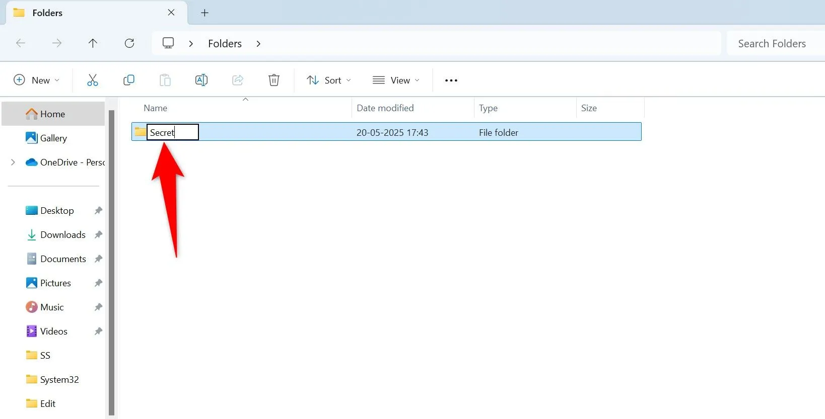 Thư mục mới được tạo và chọn trong File Explorer trên Windows 11.
