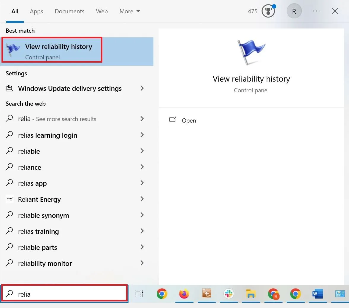Tìm kiếm Công cụ theo dõi độ tin cậy Windows từ thanh tìm kiếm Start Menu