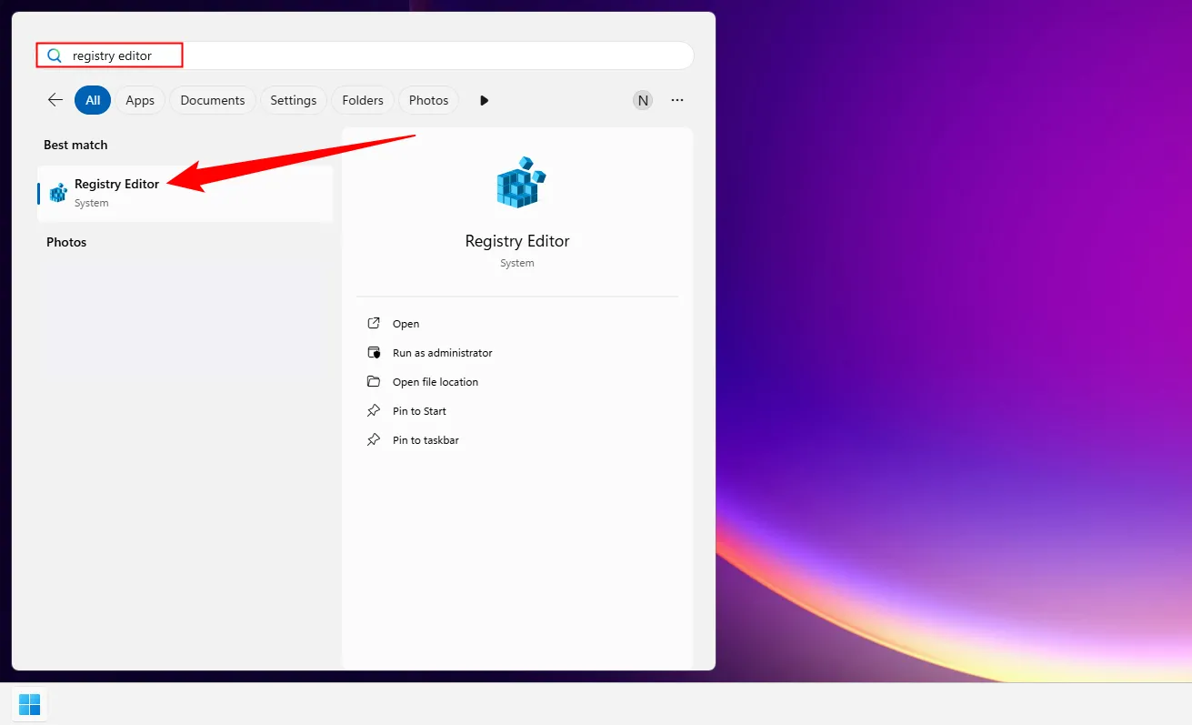 Tìm kiếm Registry Editor trong Start Menu Windows 11