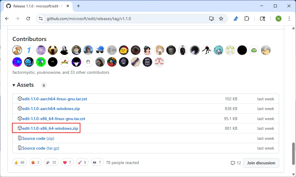 Trang GitHub Releases của Microsoft Edit, nơi người dùng có thể tải về phiên bản mới nhất của trình soạn thảo dưới dạng tệp ZIP.