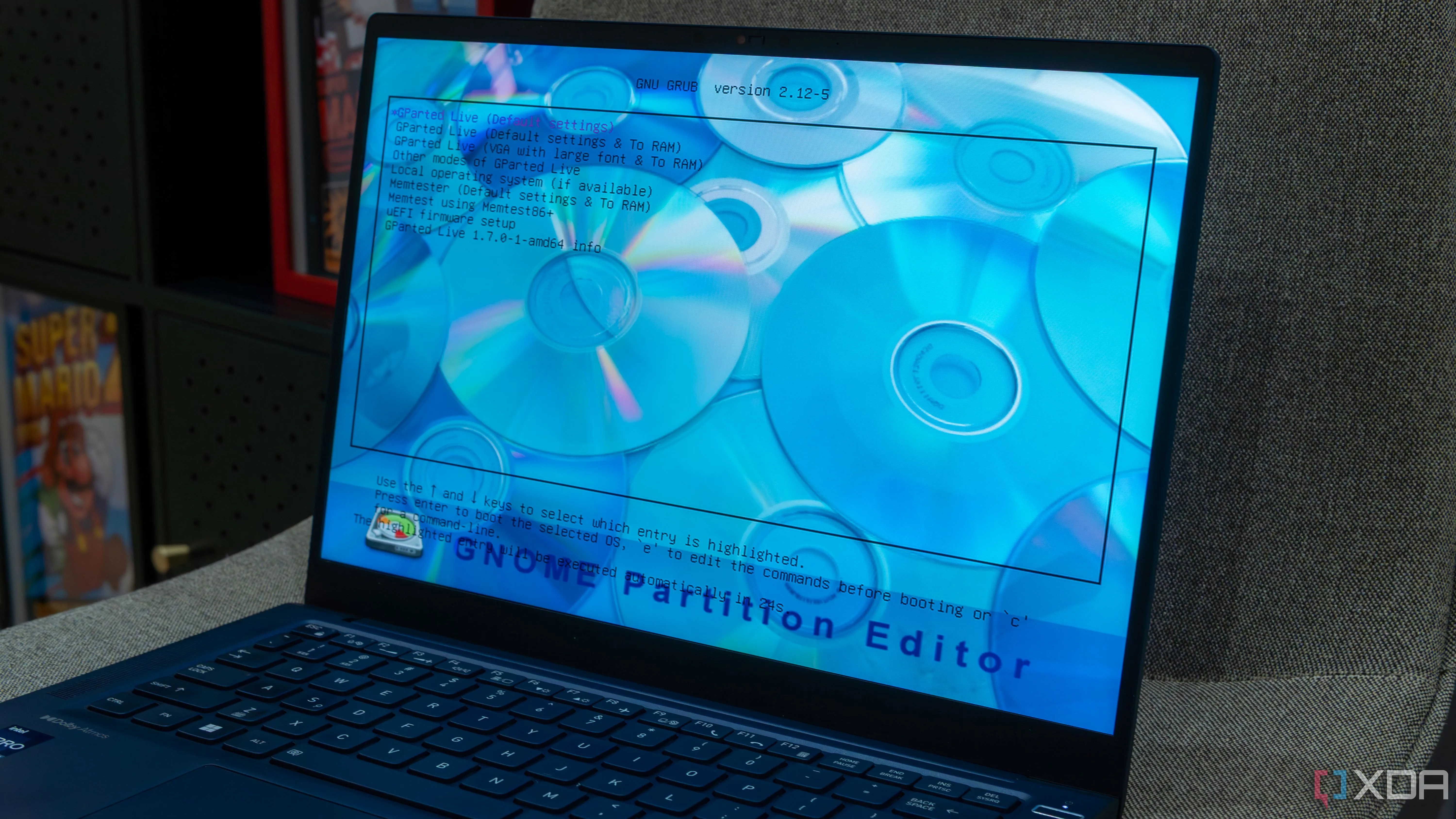 A laptop running GParted Live off of a USB drive