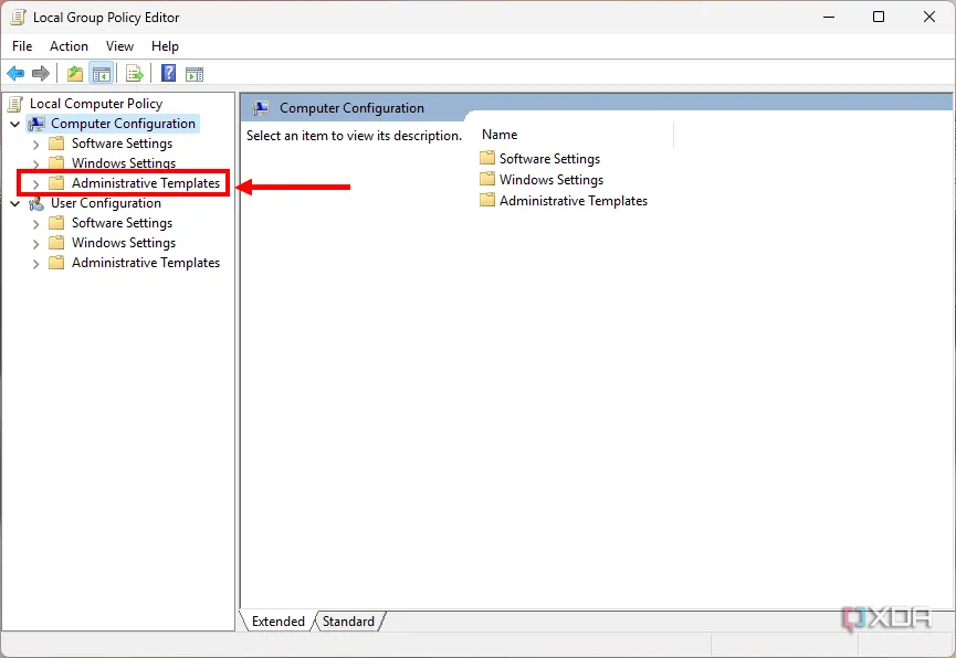 Ảnh chụp màn hình Group Policy Editor với tùy chọn Administrative Templates được đánh dấu