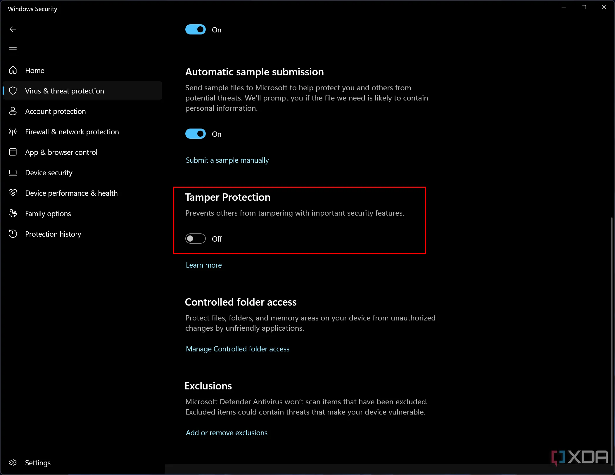 Ảnh chụp màn hình Microsoft Defender với tính năng Chống giả mạo bị vô hiệu hóa